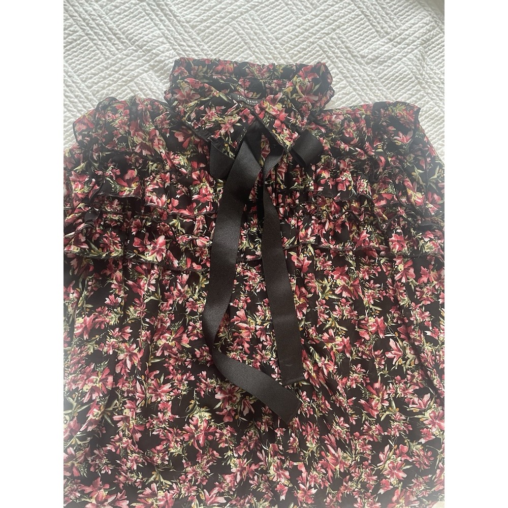 Zara Women's Romantic Blouse Dark Floral Pattern Sheer Fabric Ruffled Size Large